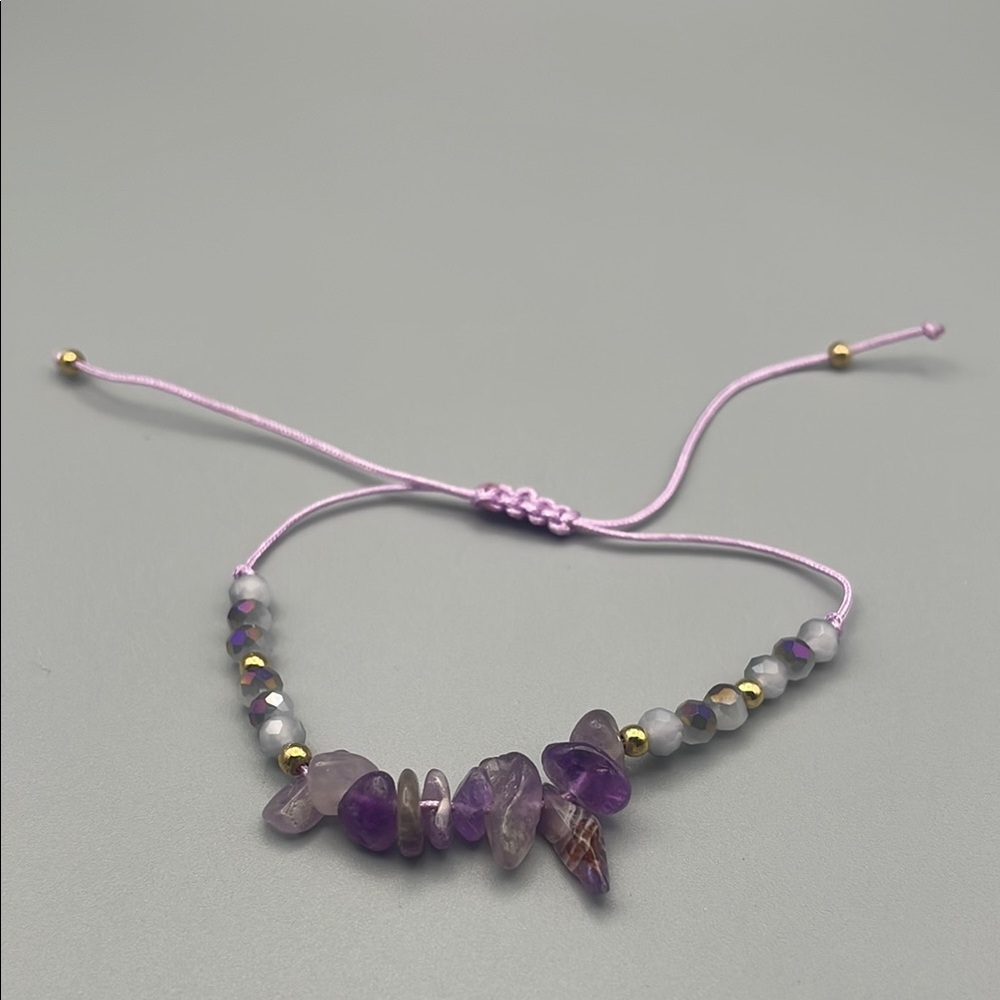 ♥️Purple and Gemstones Gold Beaded Bracelet with Purple Cord